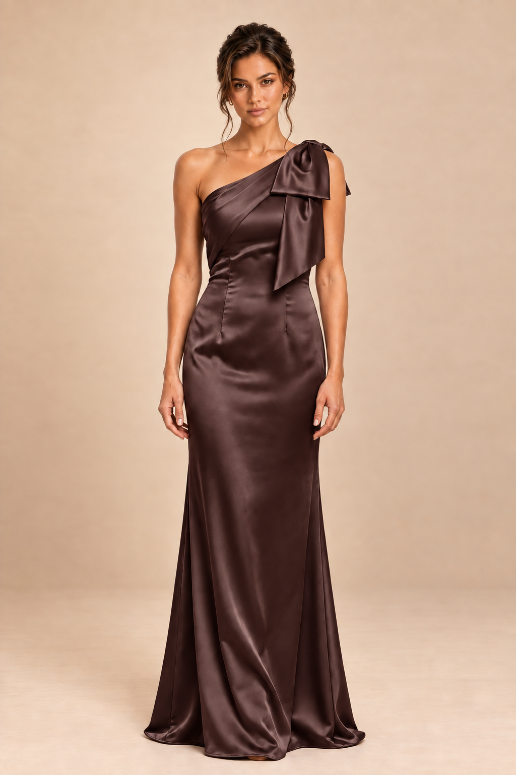chocolate brown satin-like one-shoulder bow dress, front view