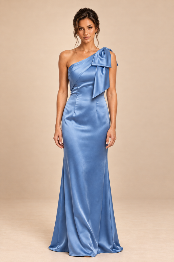 dusty blue satin-like one-shoulder bow dress, front view