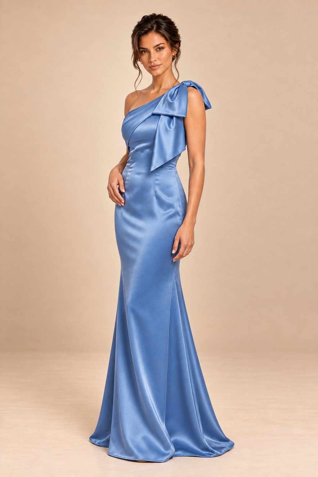dusty blue satin-like one-shoulder bow dress, angle view