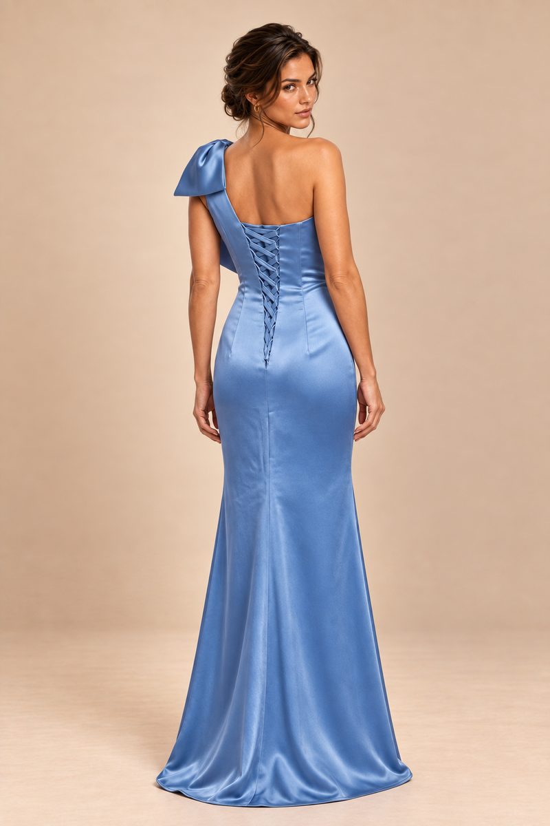 dusty blue satin-like one-shoulder bow dress, back view