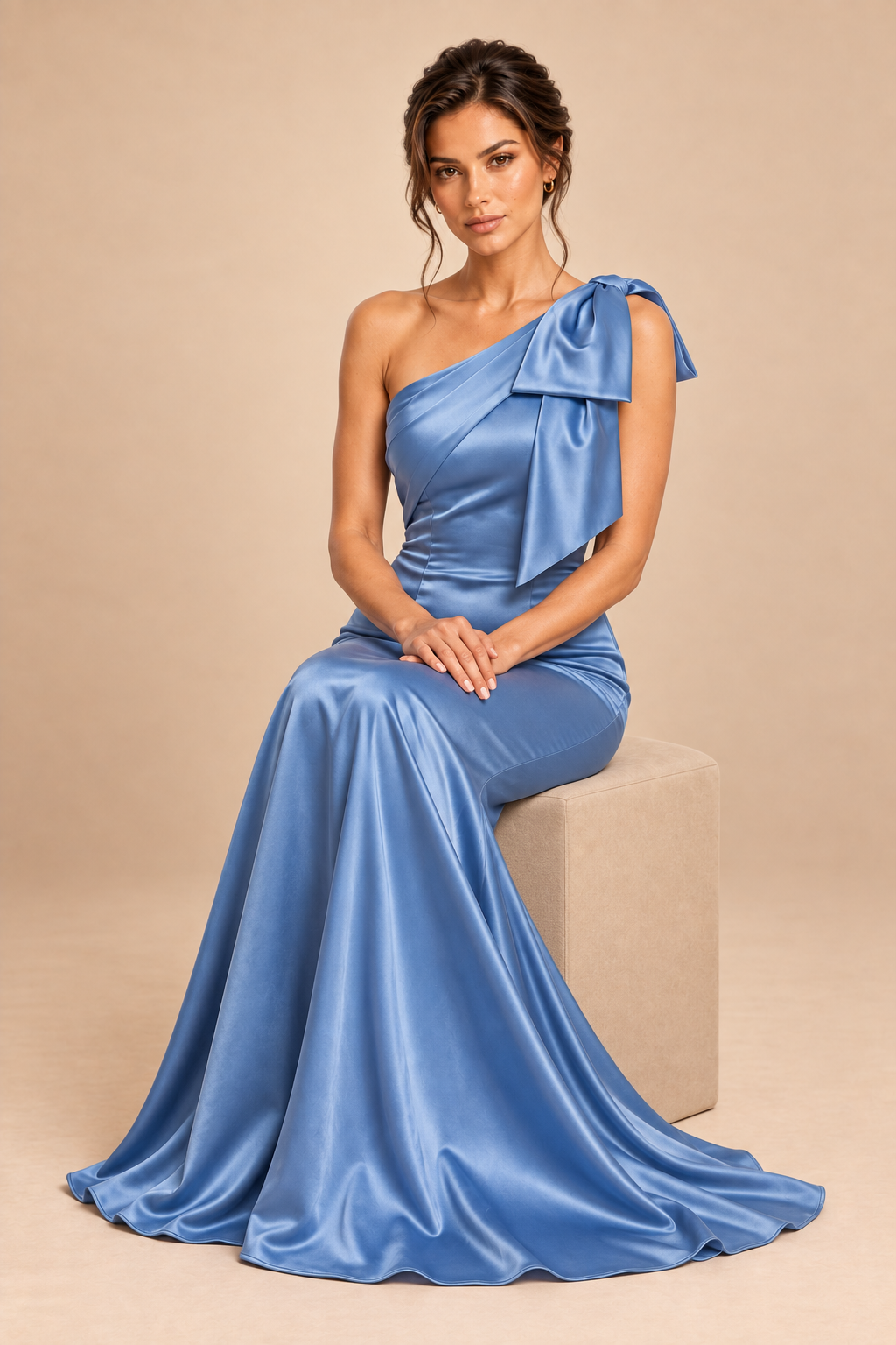 dusty blue satin-like one-shoulder bow dress, scene view
