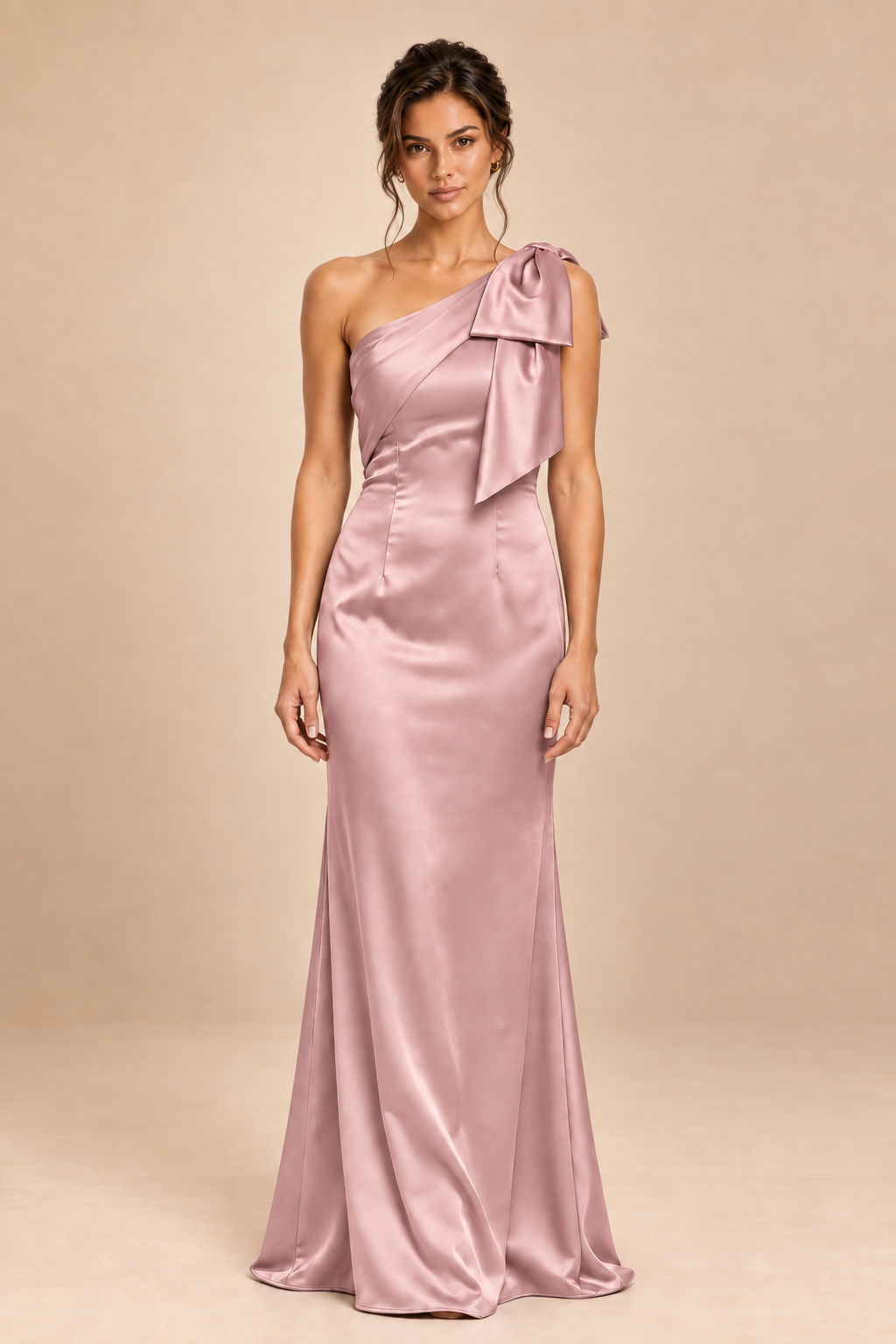 dusty pink satin-like one-shoulder bow dress, front view