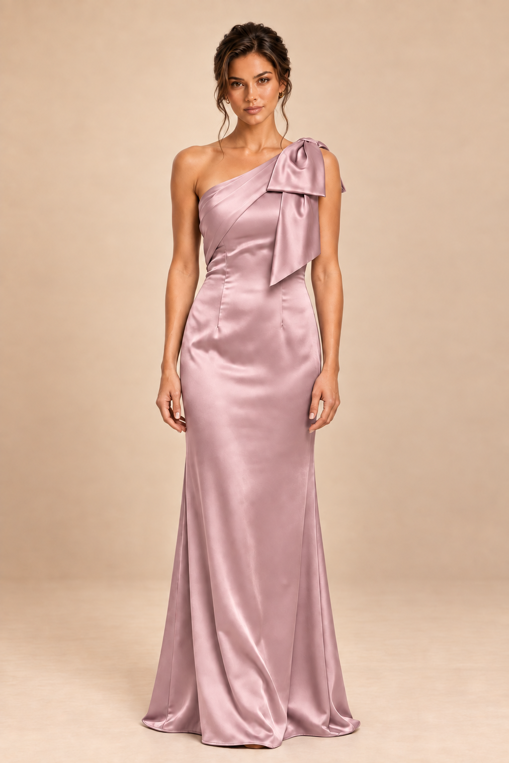 dusty rose satin-like one-shoulder bow dress, front view