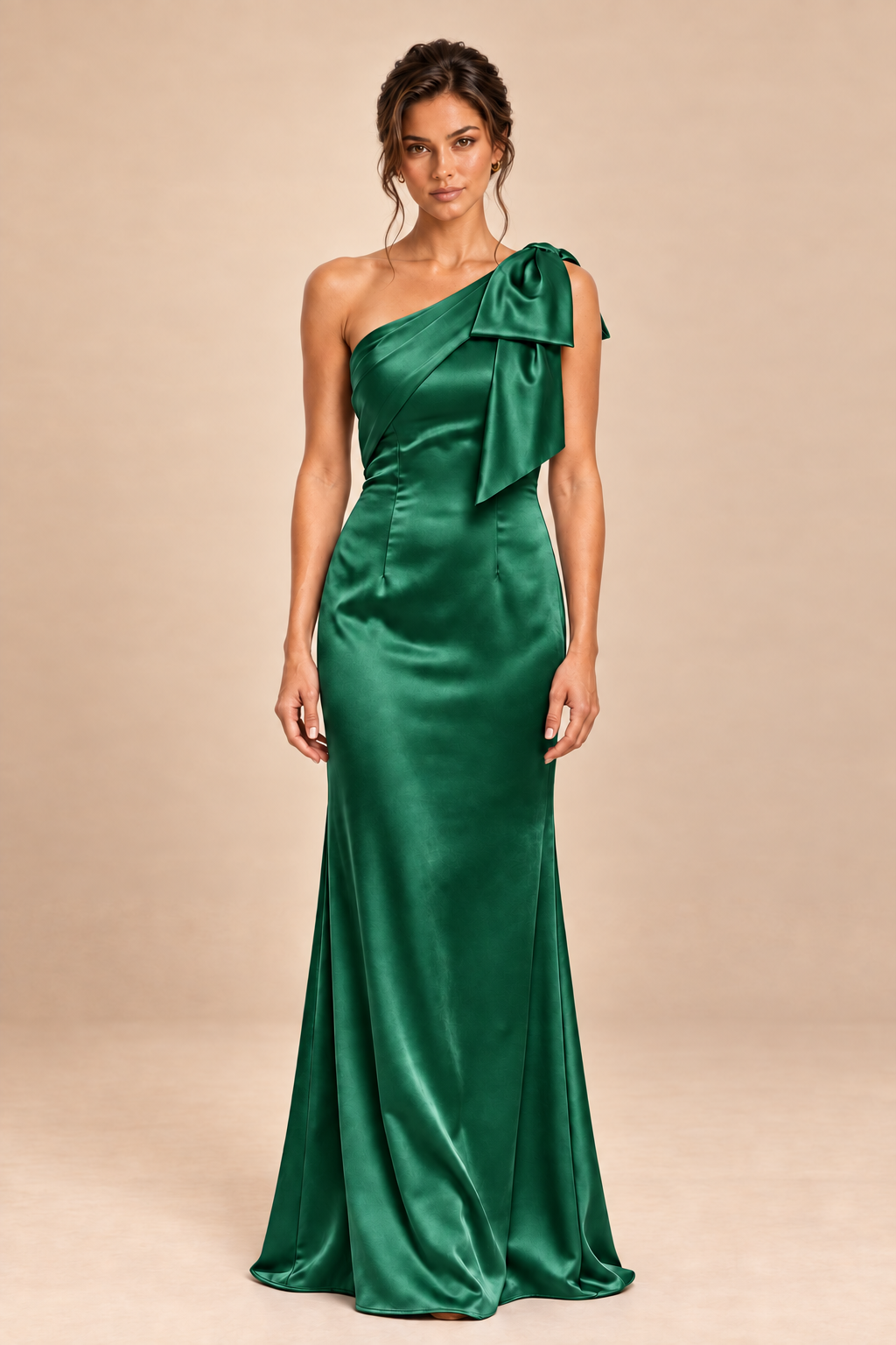 emerald green satin-like one-shoulder bow dress, front view