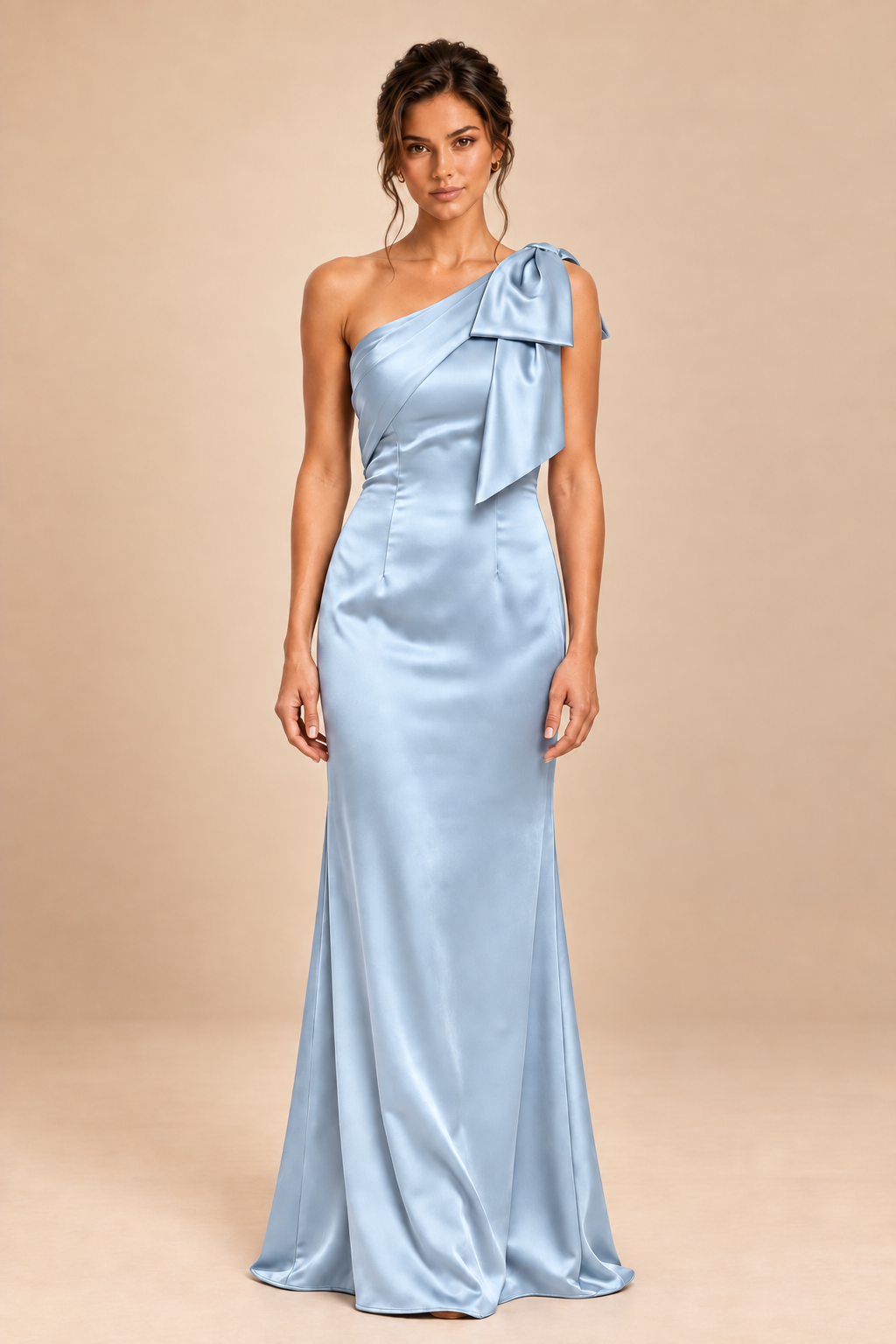 ice blue satin-like one-shoulder bow dress, front view