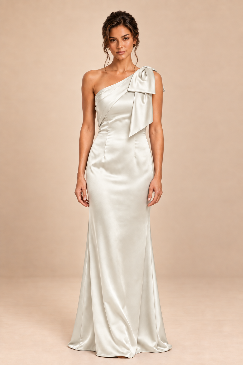 ivory satin-like one-shoulder bow dress, front view