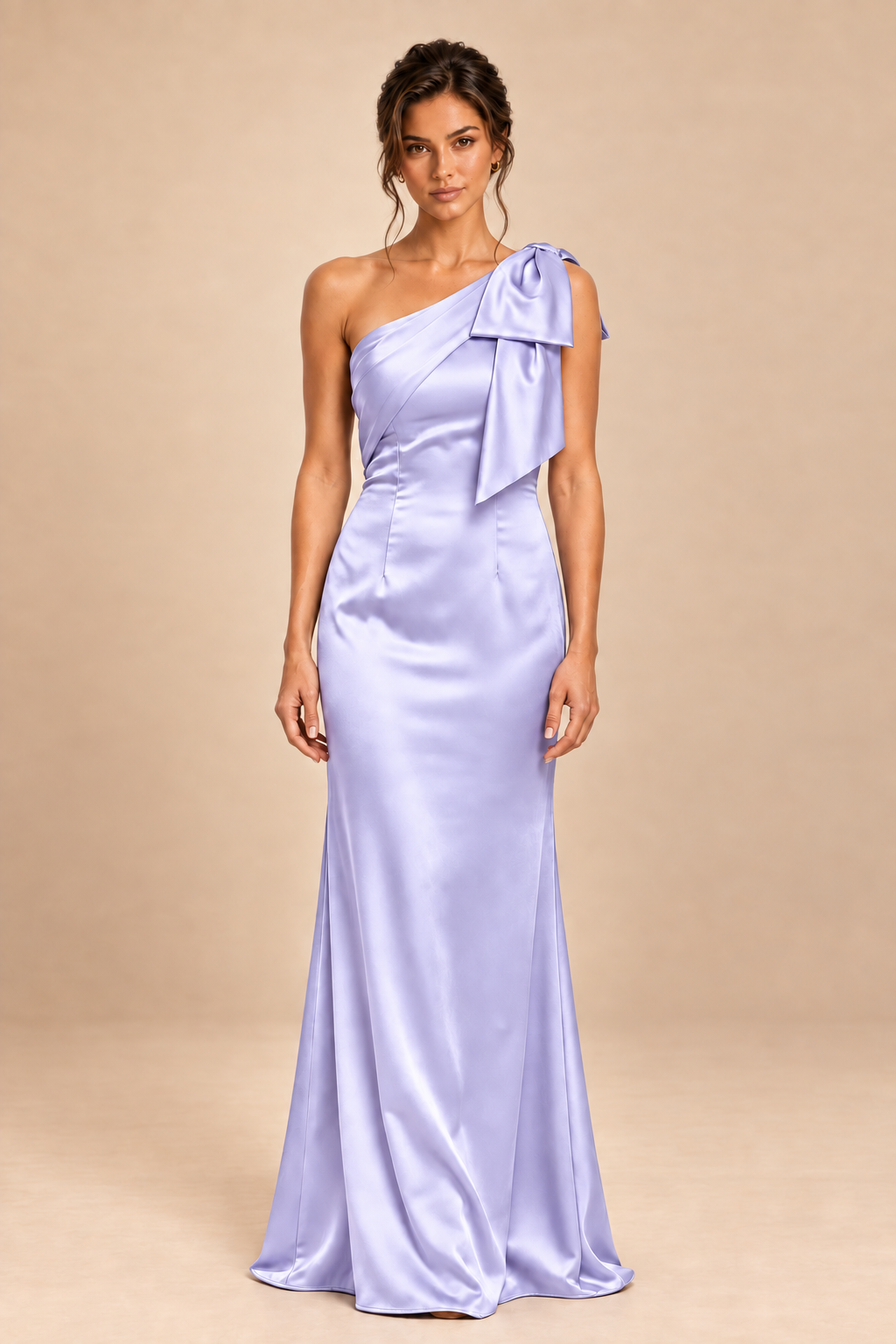 lavender satin-like one-shoulder bow dress, front view