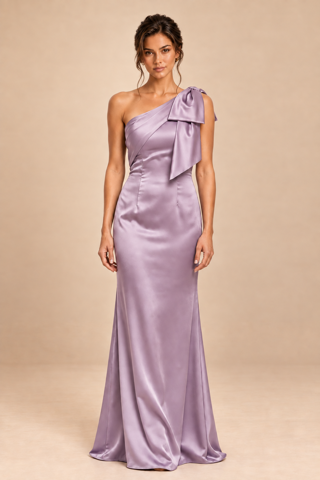 mauve satin-like one-shoulder bow dress, front view