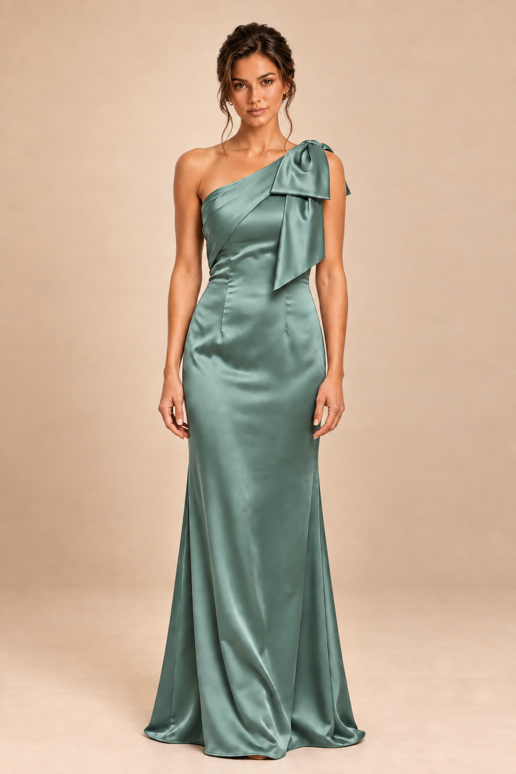 moss green satin-like one-shoulder bow dress, front view