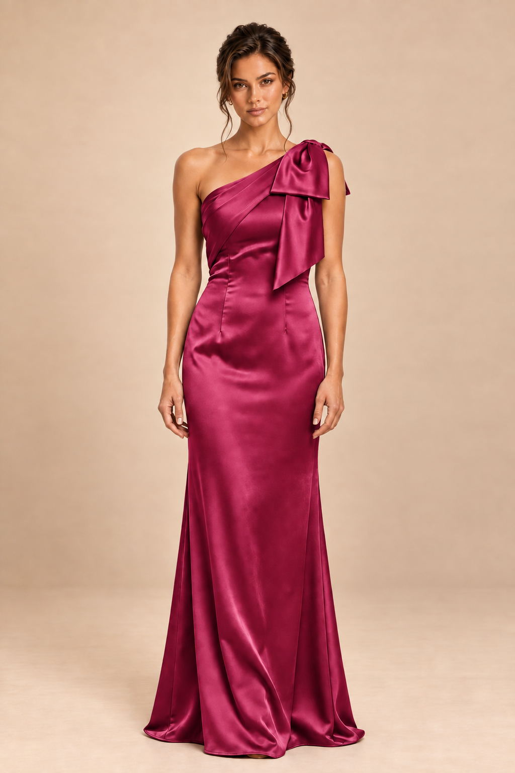 mulberry satin-like one-shoulder bow dress, front view