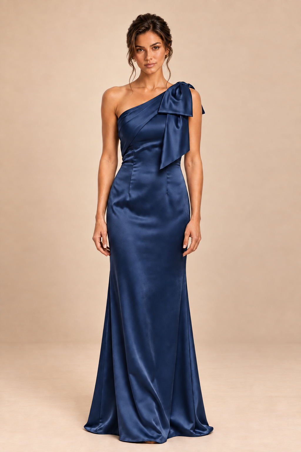 navy blue satin-like one-shoulder bow dress, front view
