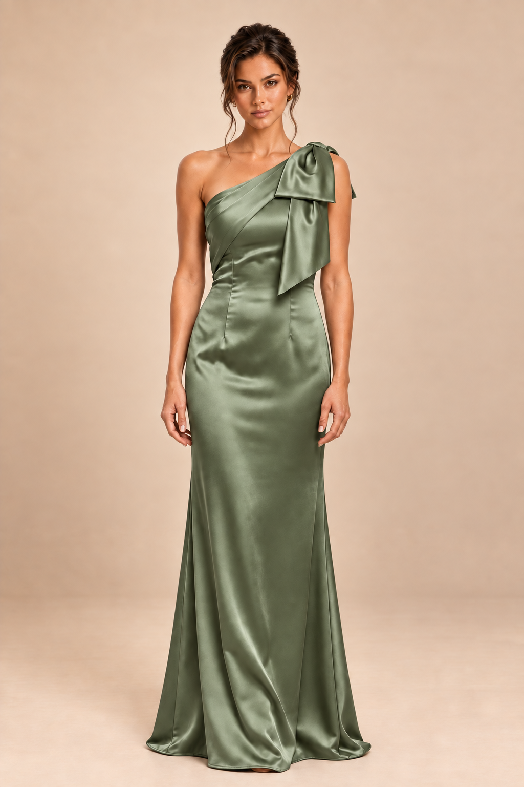olive green satin-like one-shoulder bow dress, front view