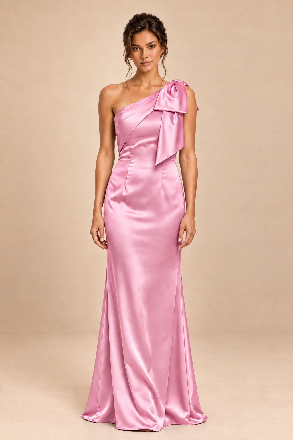 pink satin-like one-shoulder bow dress, front view