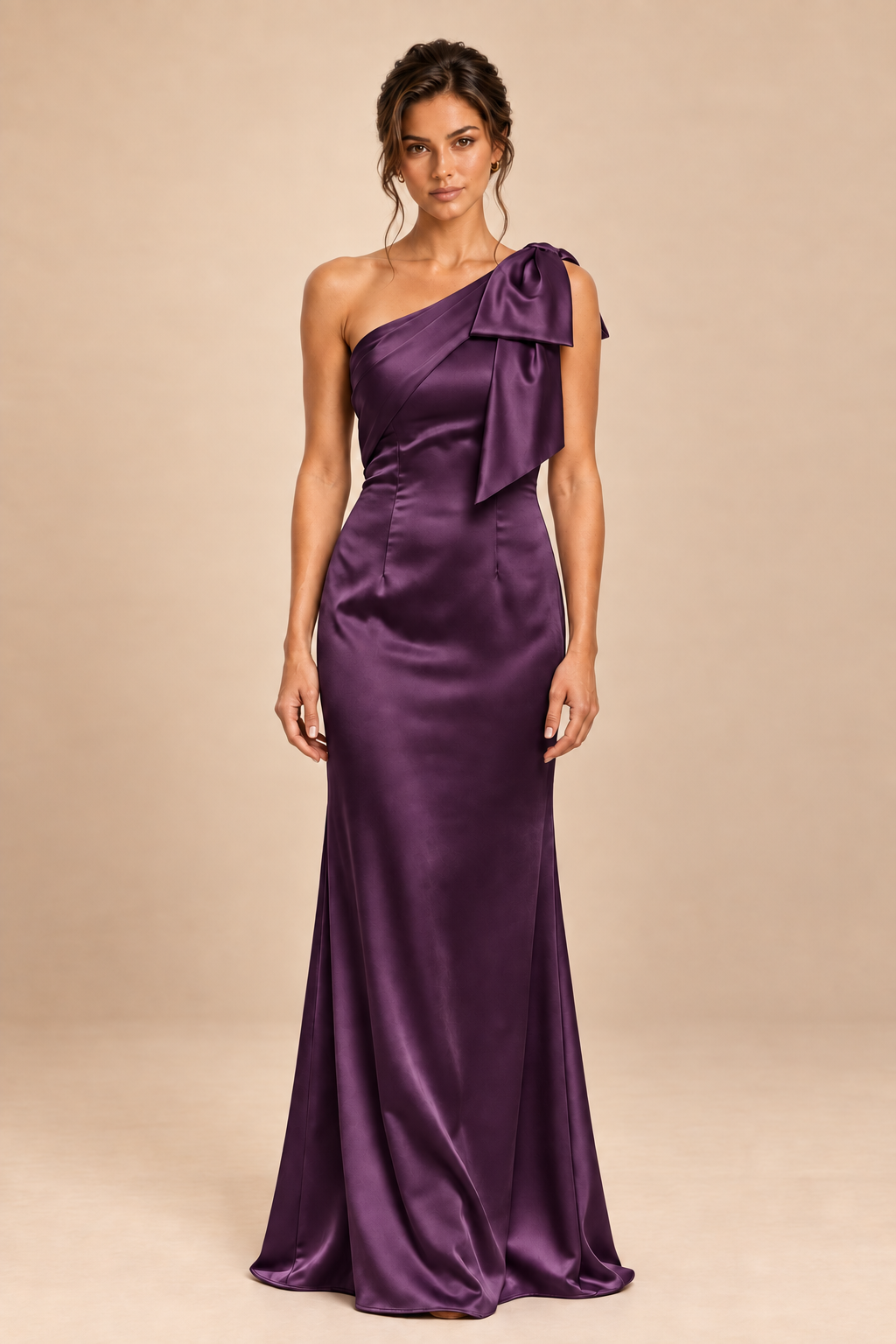 plum satin-like one-shoulder bow dress, front view