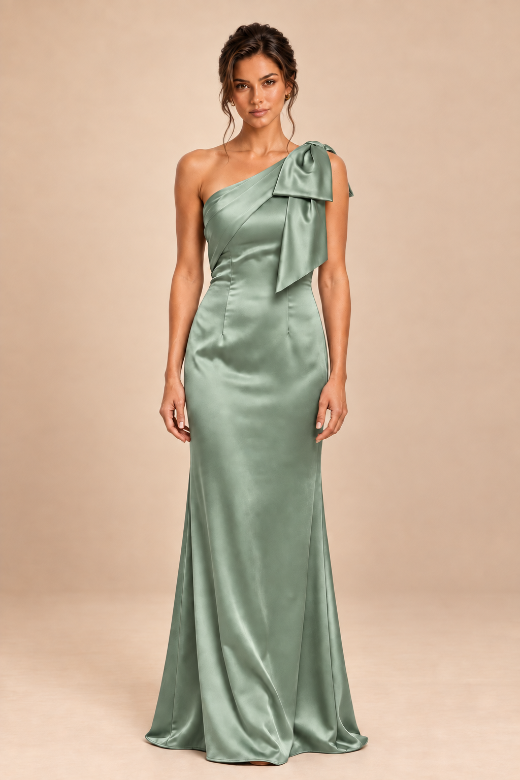 sage green satin-like one-shoulder bow dress, front view