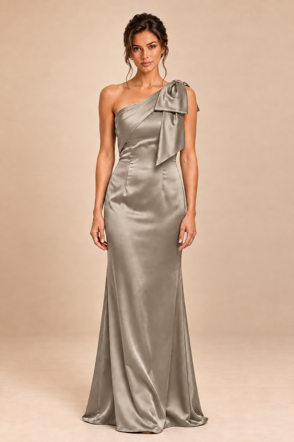 taupe satin-like one-shoulder bow dress, front view