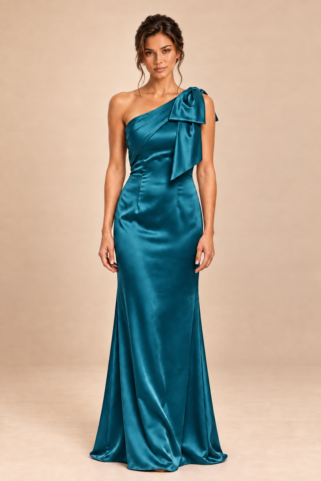 teal satin-like one-shoulder bow dress, front view