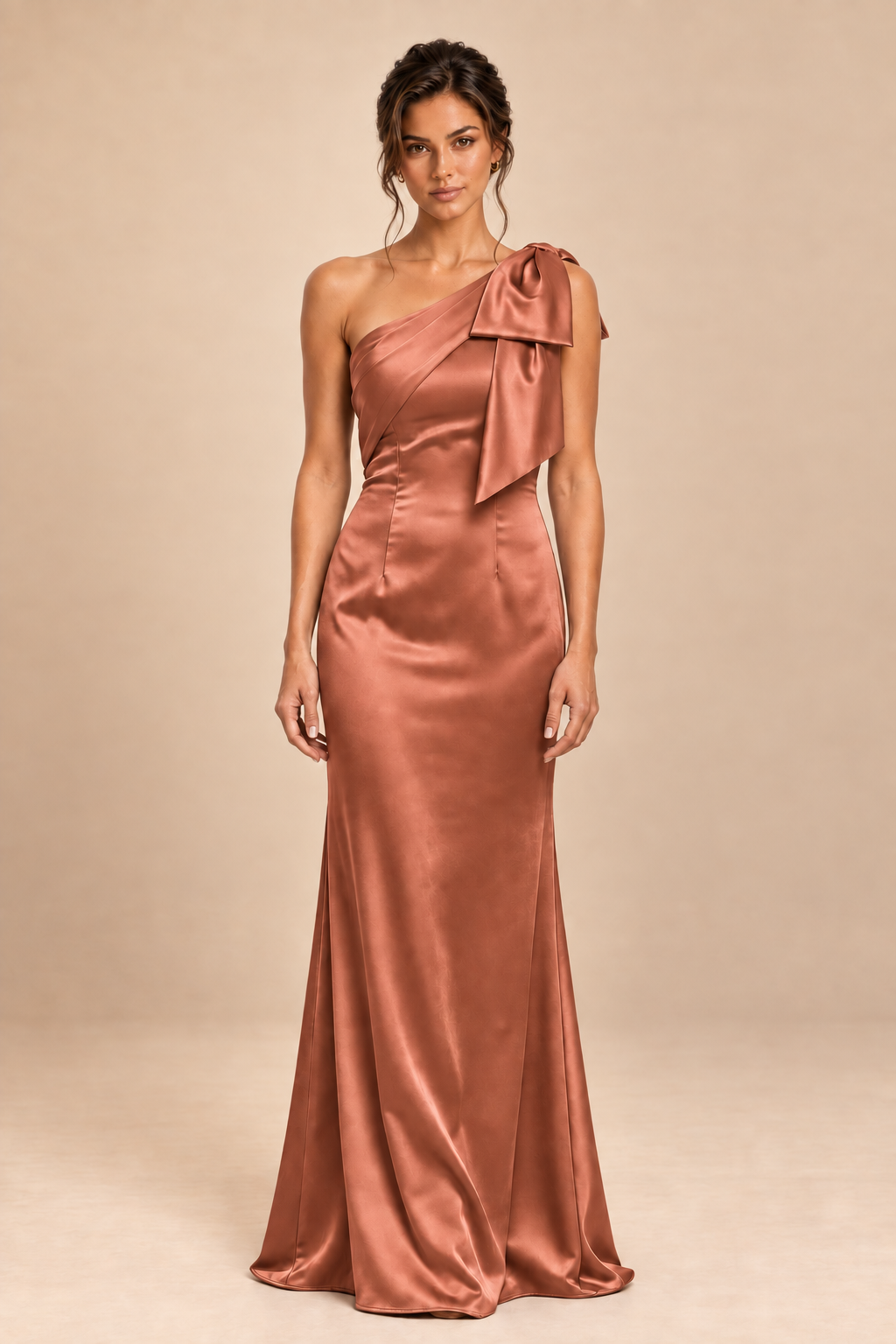 terracotta satin-like one-shoulder bow dress, front view