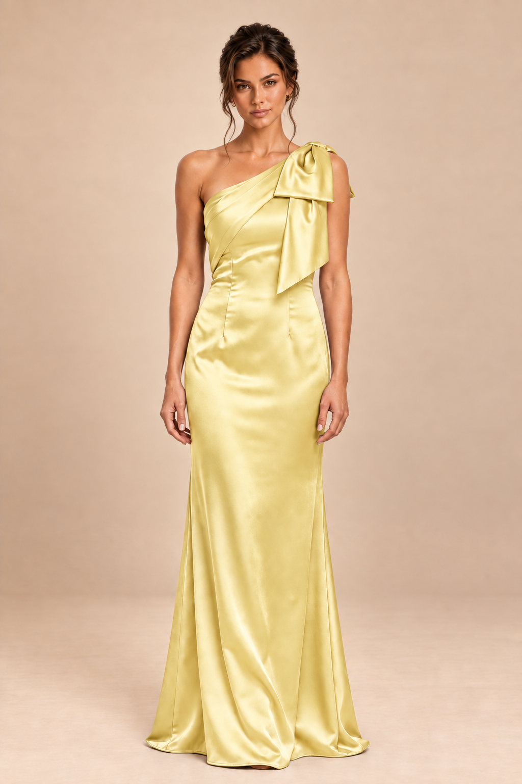 yellow satin-like one-shoulder bow dress, front view