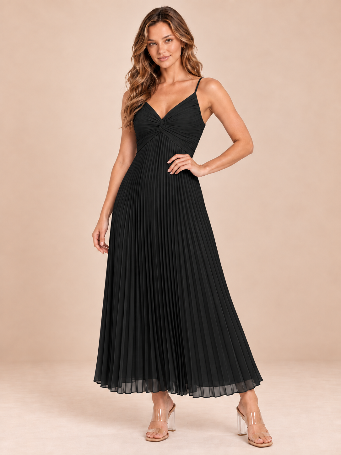 black pleated chiffon dress, front view