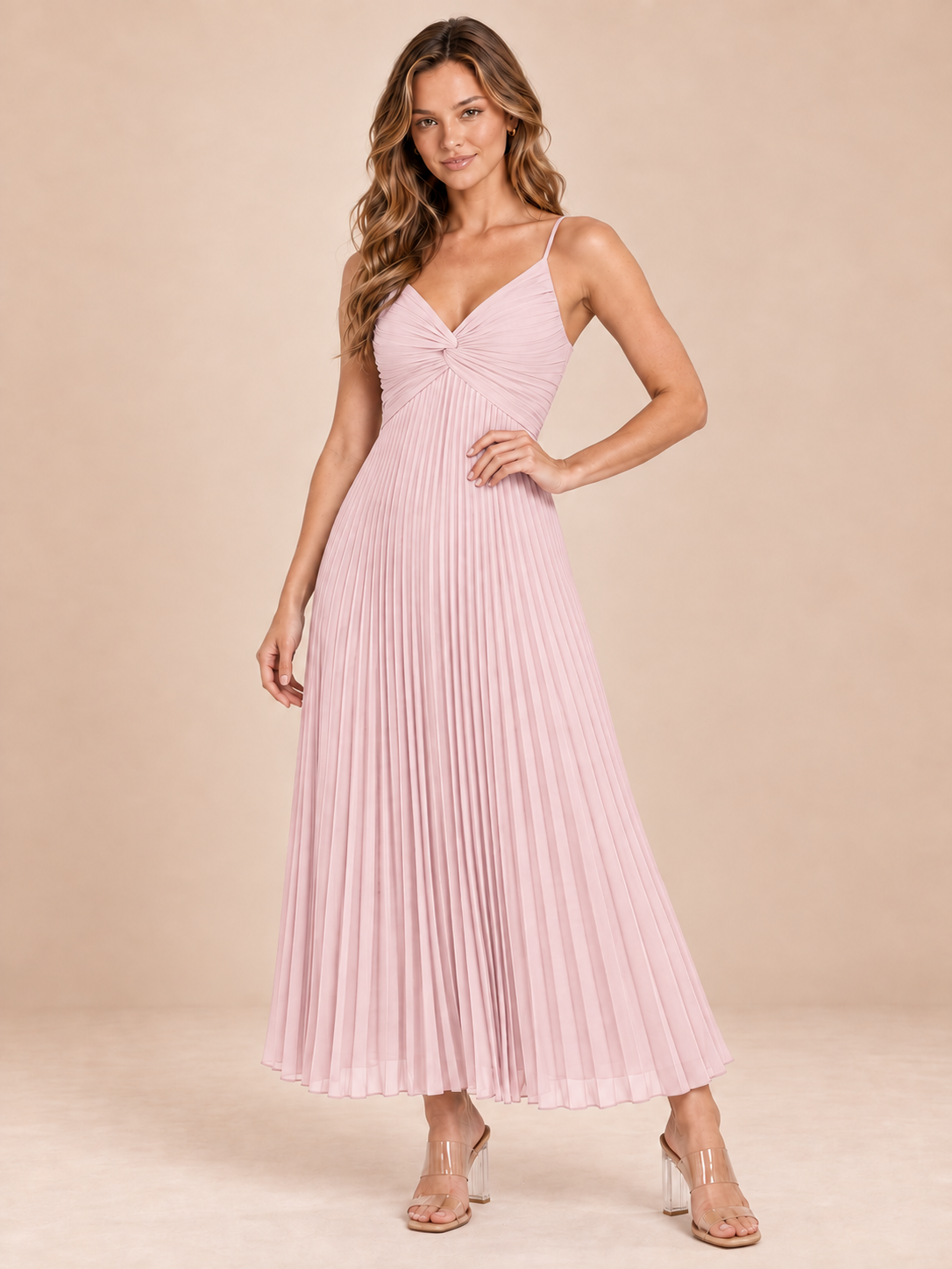 blush pink pleated chiffon dress, front view