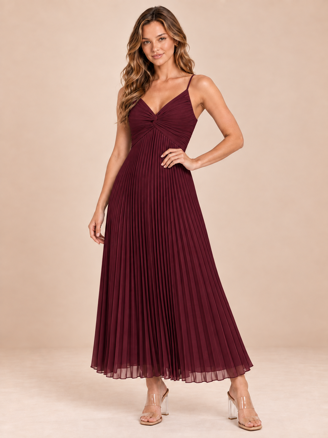 burgundy pleated chiffon dress, front view