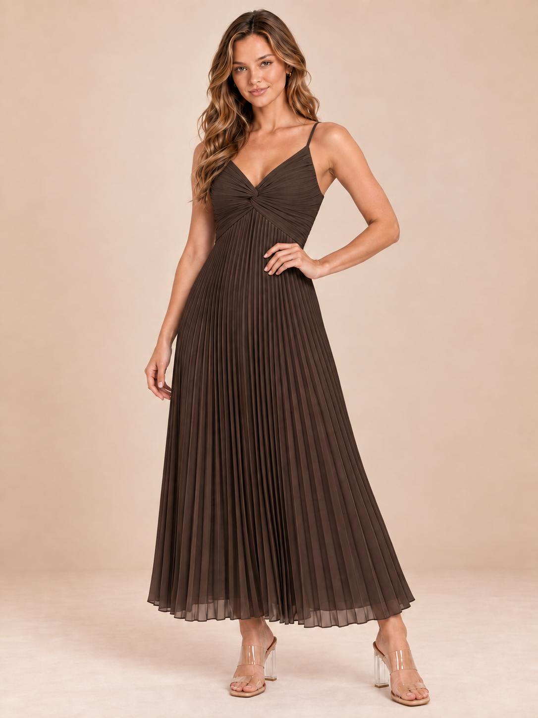 chocolate brown pleated chiffon dress, front view
