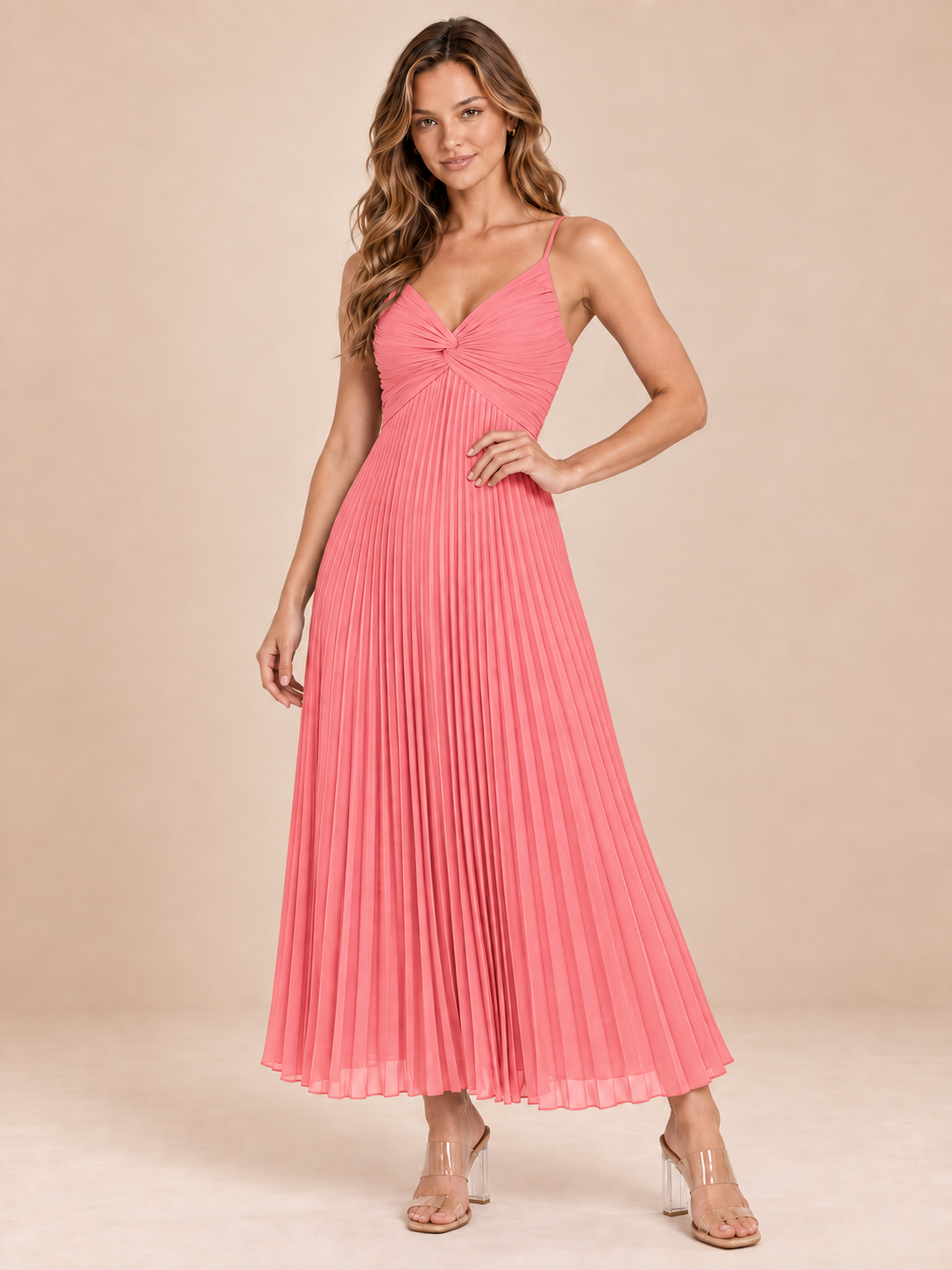 coral pleated chiffon dress, front view