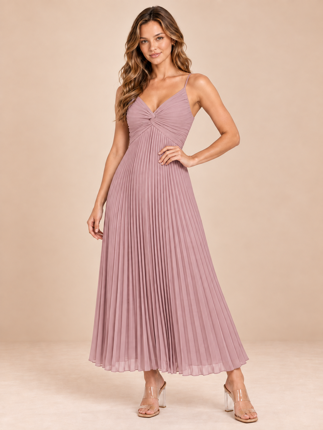 dusty rose pleated chiffon dress, front view
