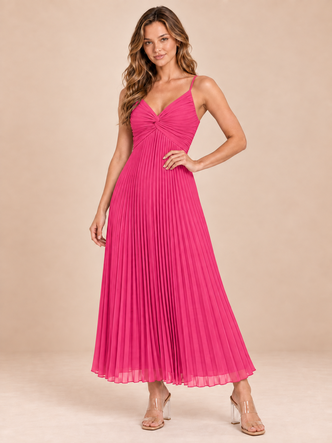 hot pink pleated chiffon dress, front view