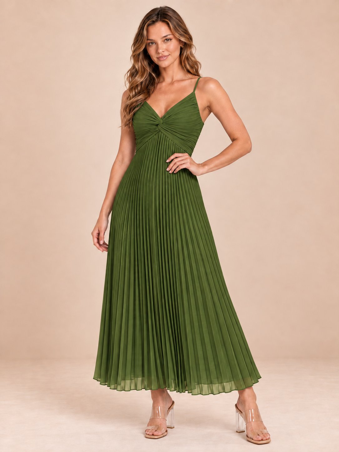 olive green pleated chiffon dress, front view