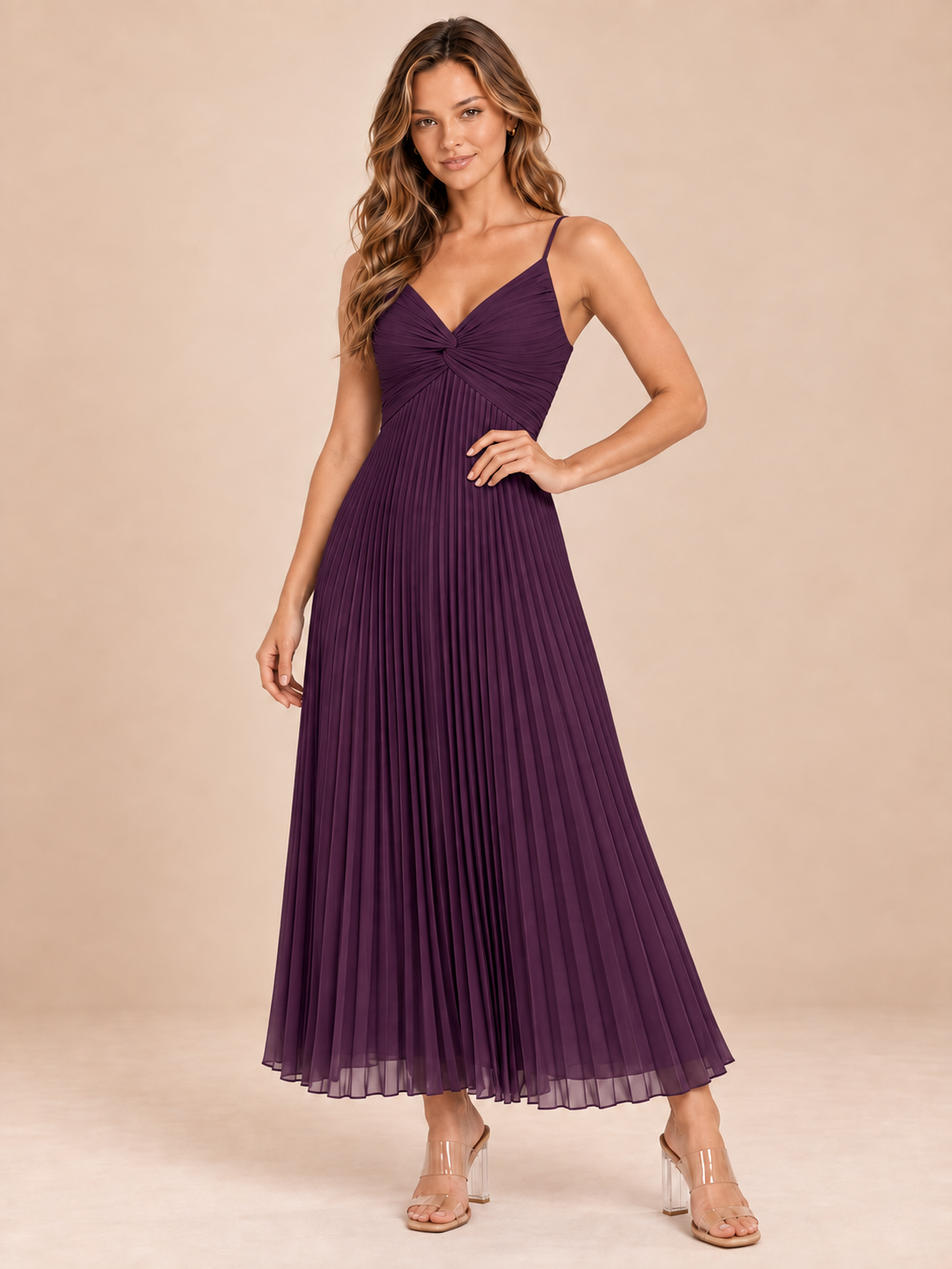 plum pleated chiffon dress, front view
