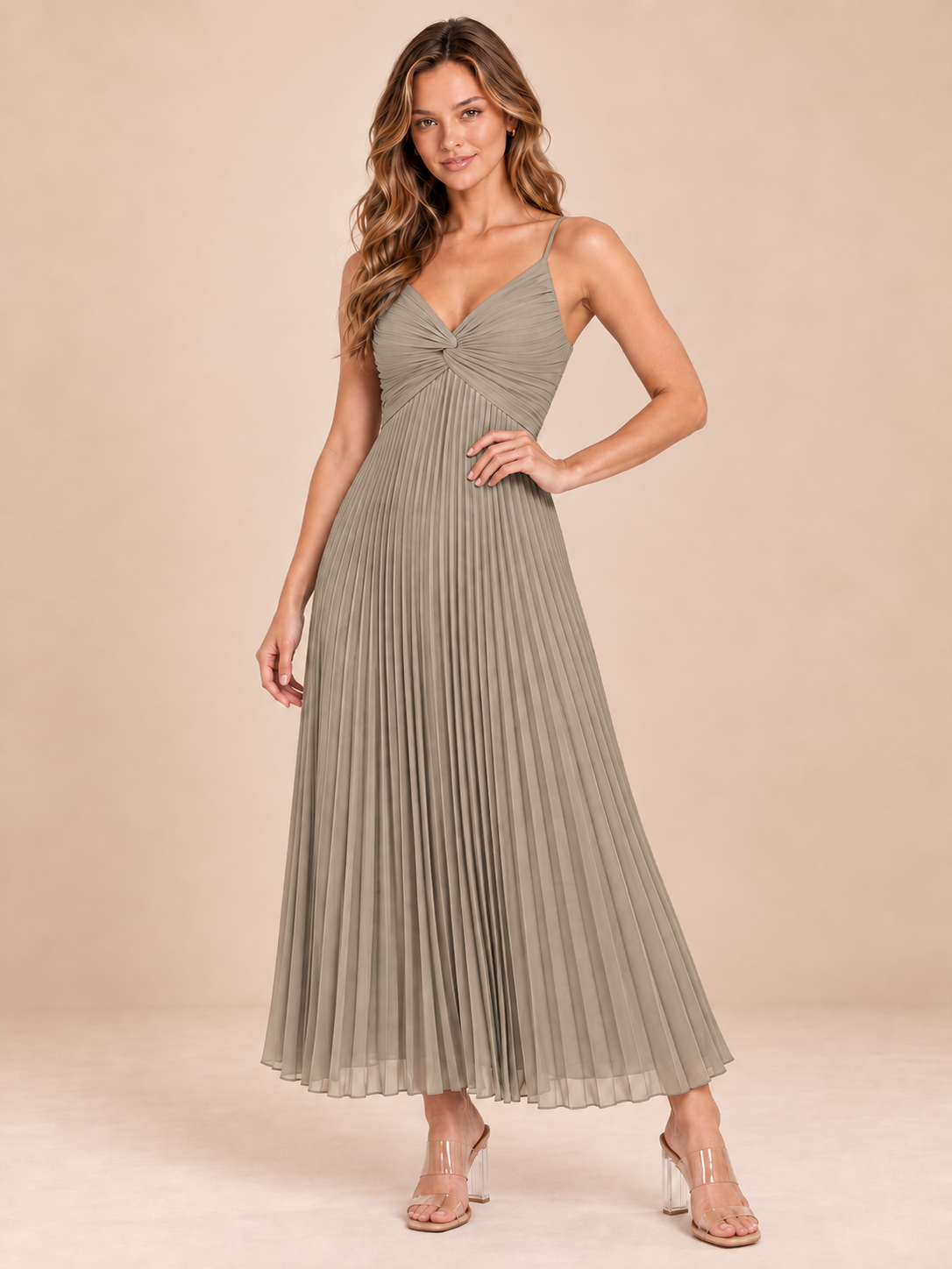 taupe pleated chiffon dress, front view