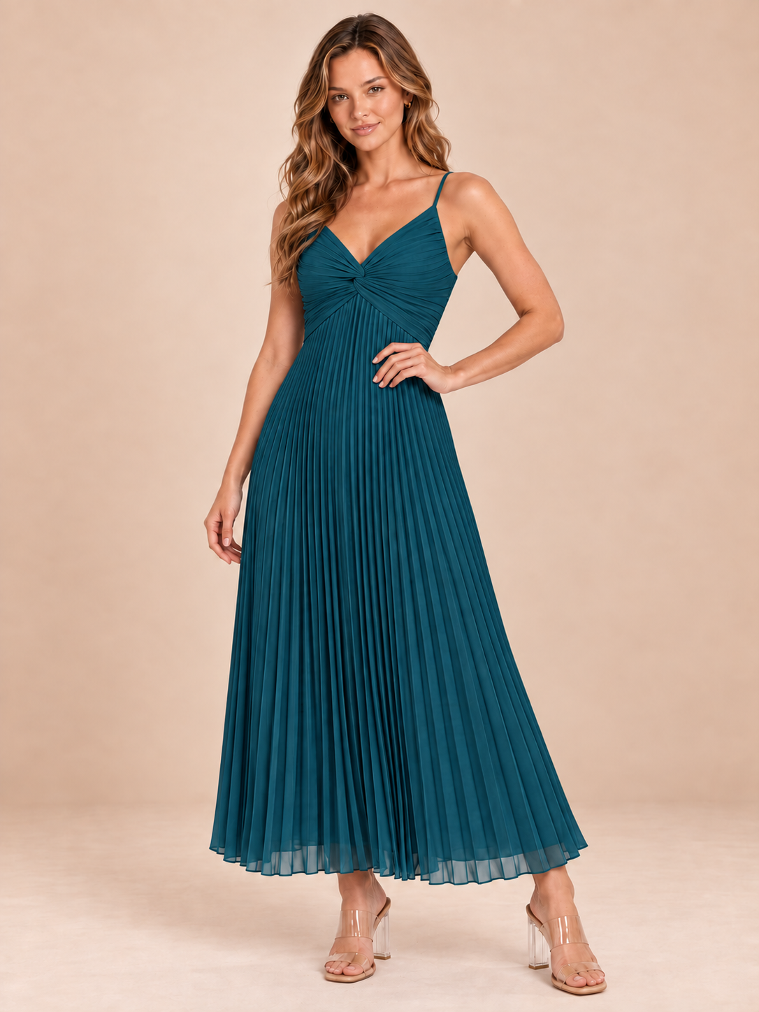 teal pleated chiffon dress, front view