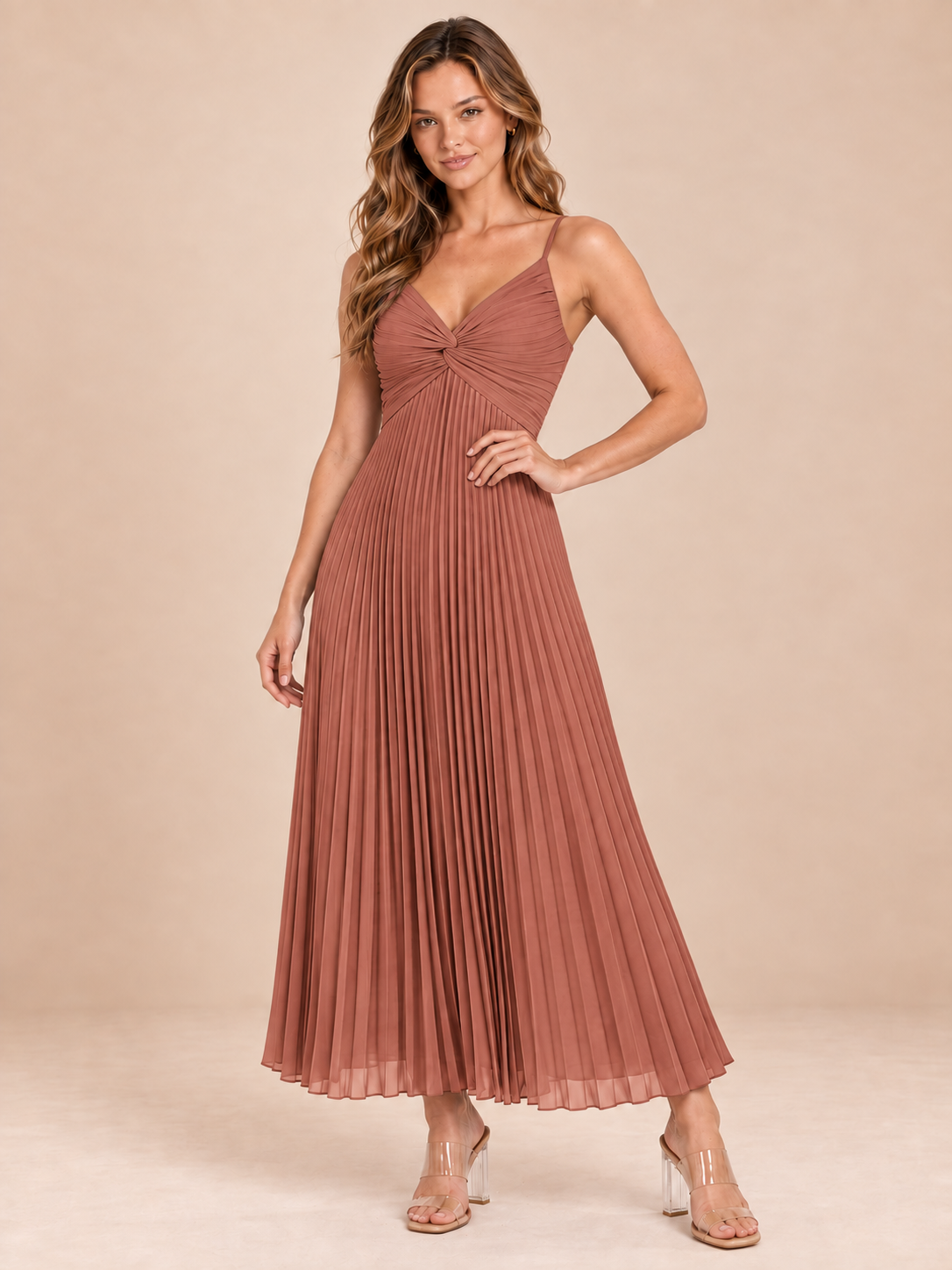 terracotta pleated chiffon dress, front view