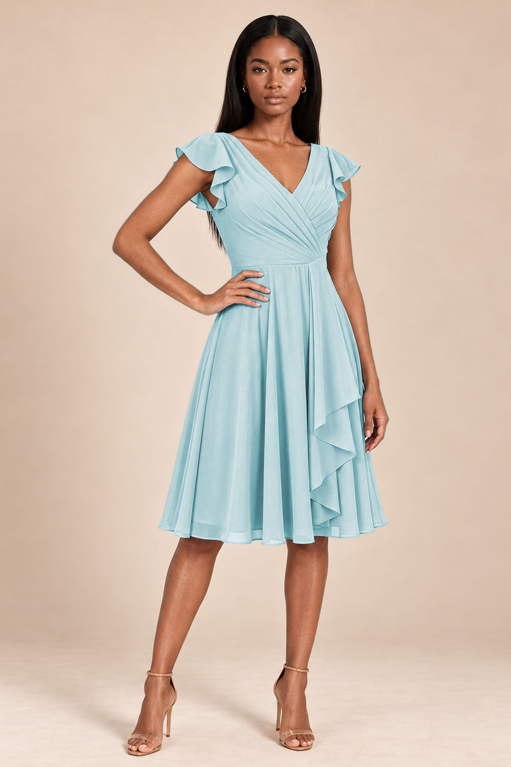 baby blue ruffles flutter sleeve chiffon short bridesmaid dress, front view