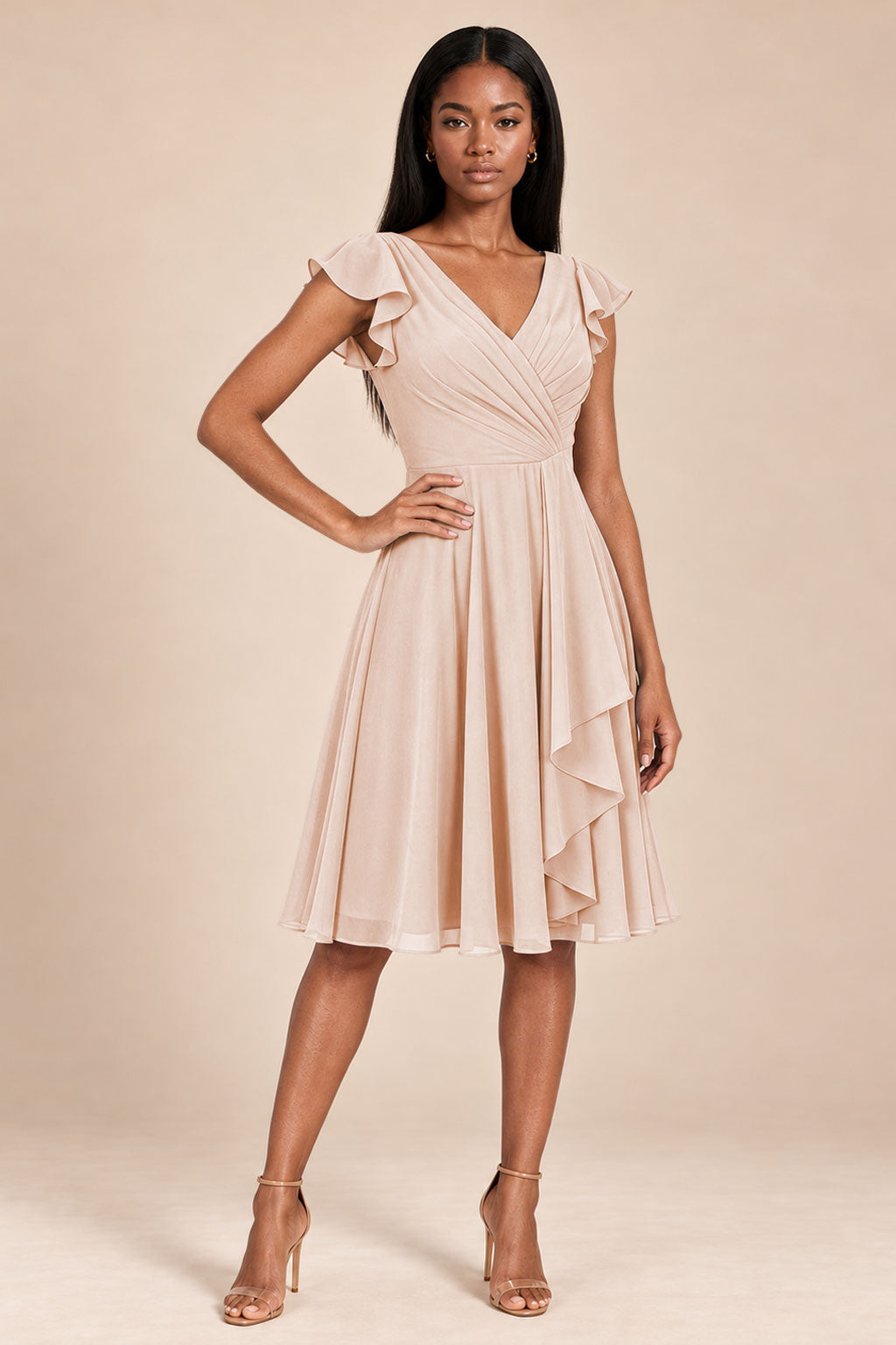 blush pink ruffles flutter sleeve chiffon short bridesmaid dress, front view