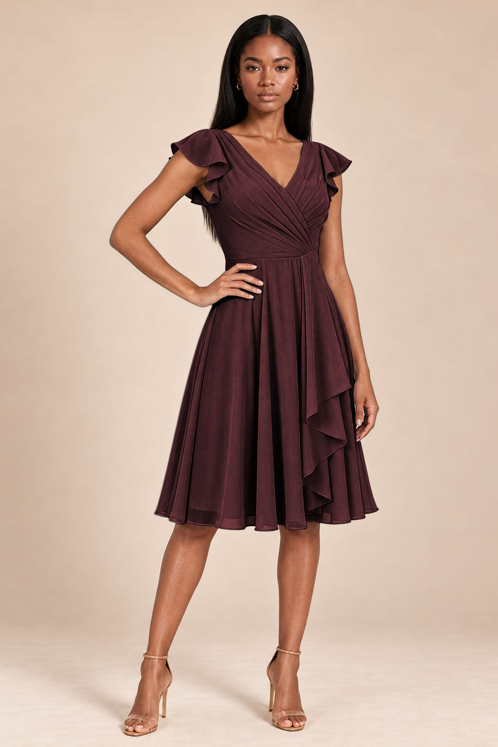 burgundy ruffles flutter sleeve chiffon short bridesmaid dress, front view