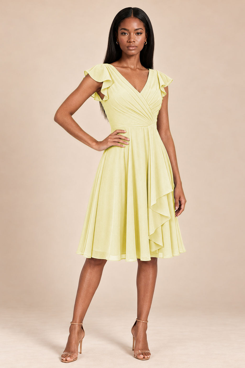 butter yellow ruffles flutter sleeve chiffon short bridesmaid dress, front view