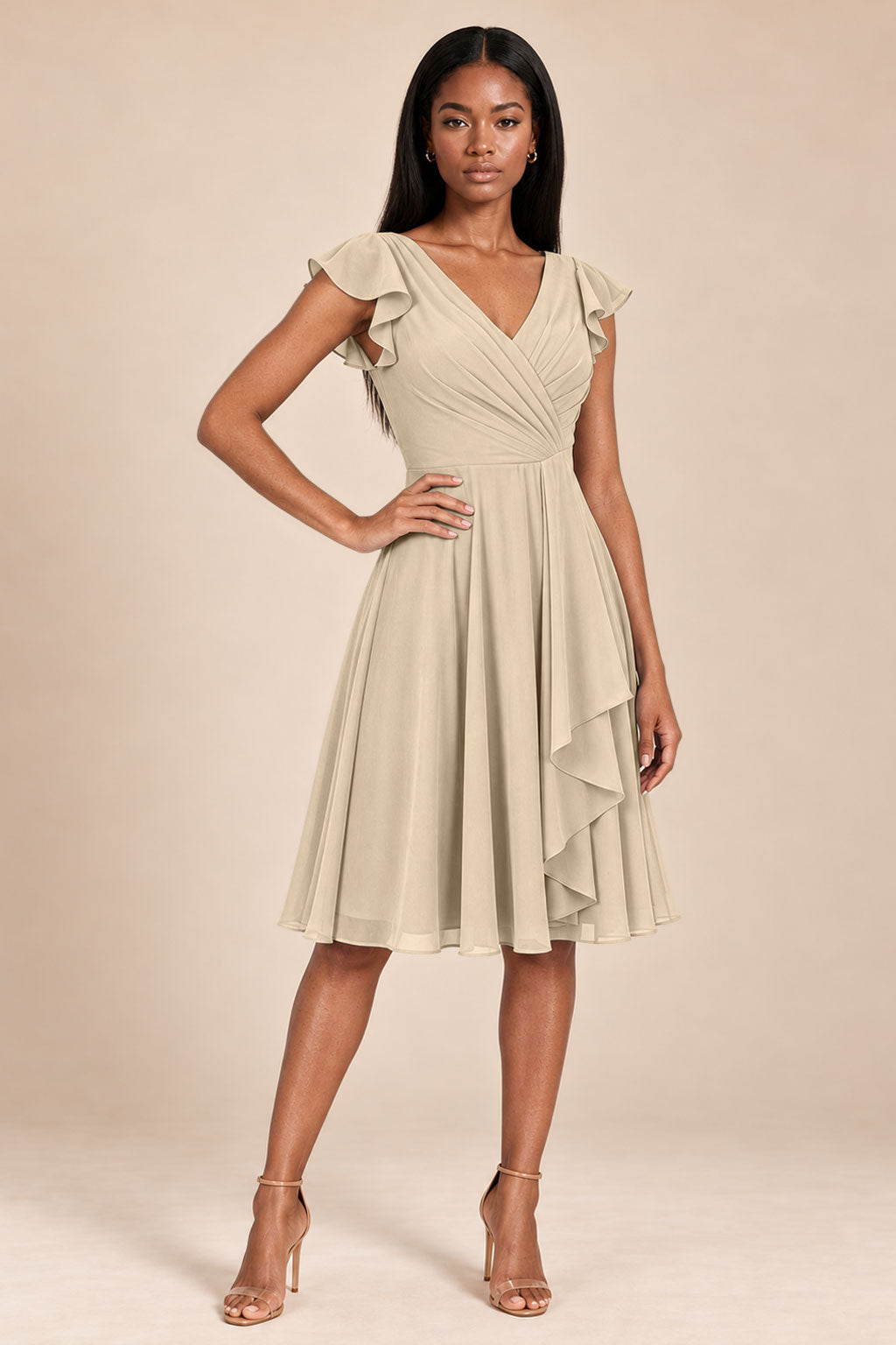 champagne ruffles flutter sleeve chiffon short bridesmaid dress, front view