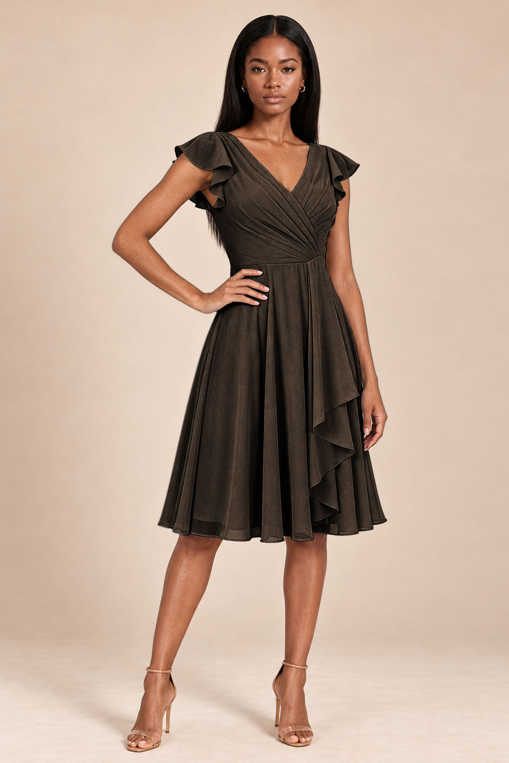 chocolate brown ruffles flutter sleeve chiffon short bridesmaid dress, front view