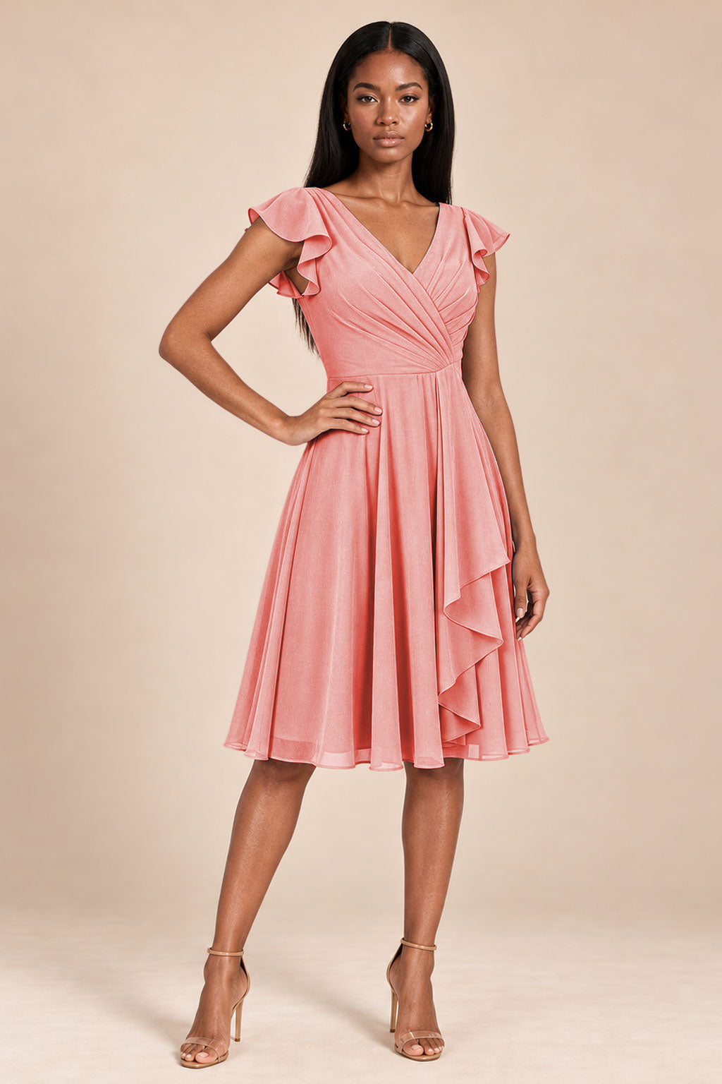 coral ruffles flutter sleeve chiffon short bridesmaid dress, front view