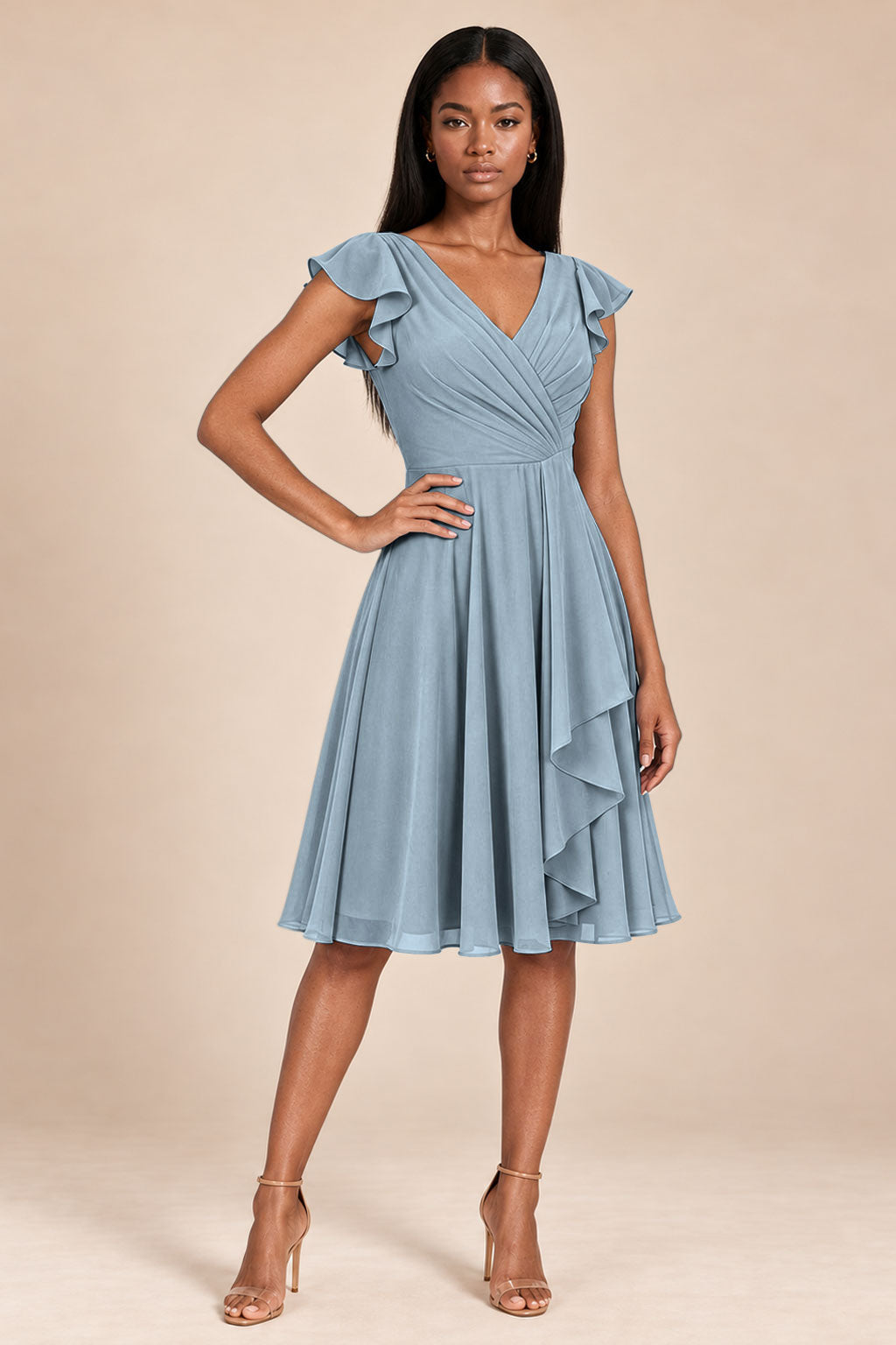 dusty blue ruffles flutter sleeve chiffon short bridesmaid dress, front view
