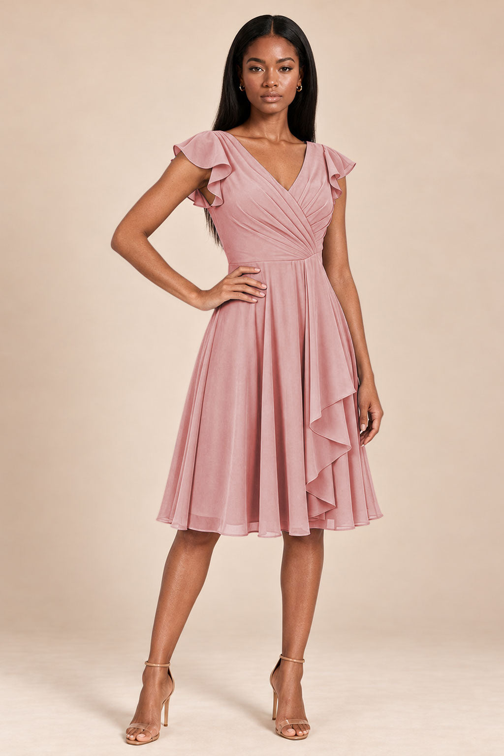 dusty rose ruffles flutter sleeve chiffon short bridesmaid dress, front view