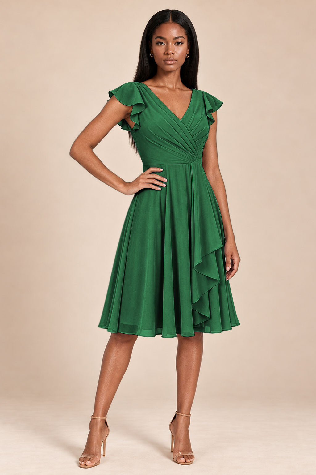 emerald green ruffles flutter sleeve chiffon short bridesmaid dress, front view