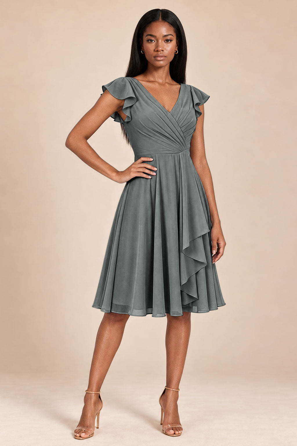 gray ruffles flutter sleeve chiffon short bridesmaid dress, front view