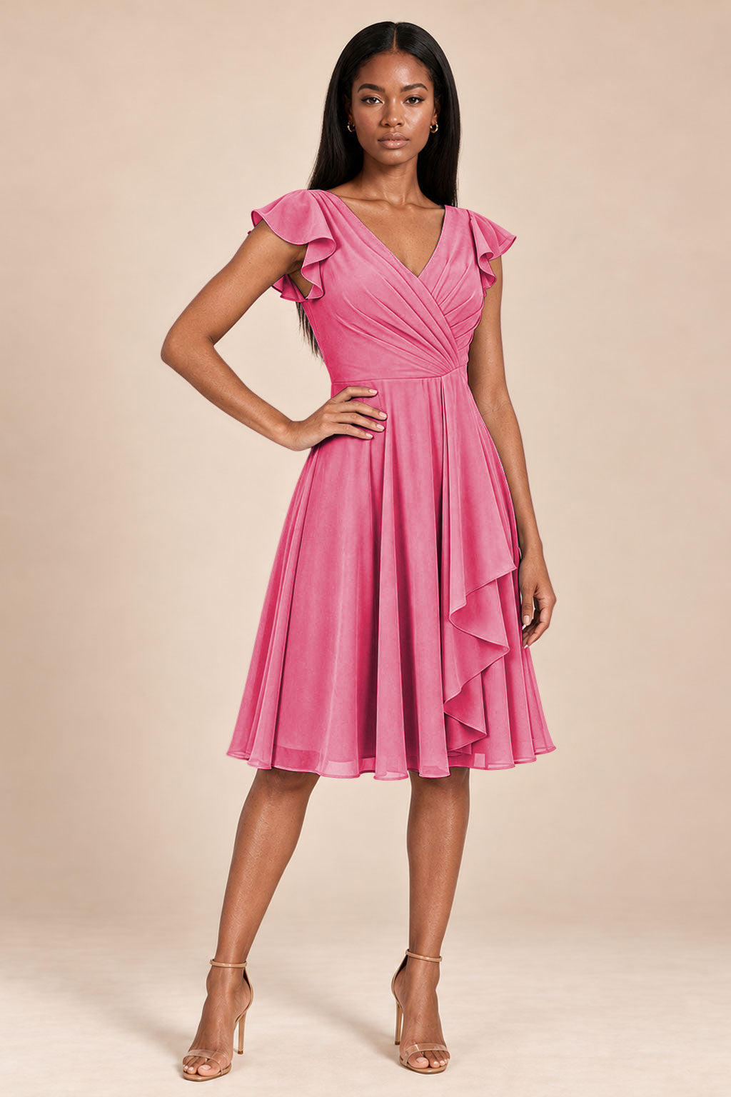 hot pink ruffles flutter sleeve chiffon short bridesmaid dress, front view