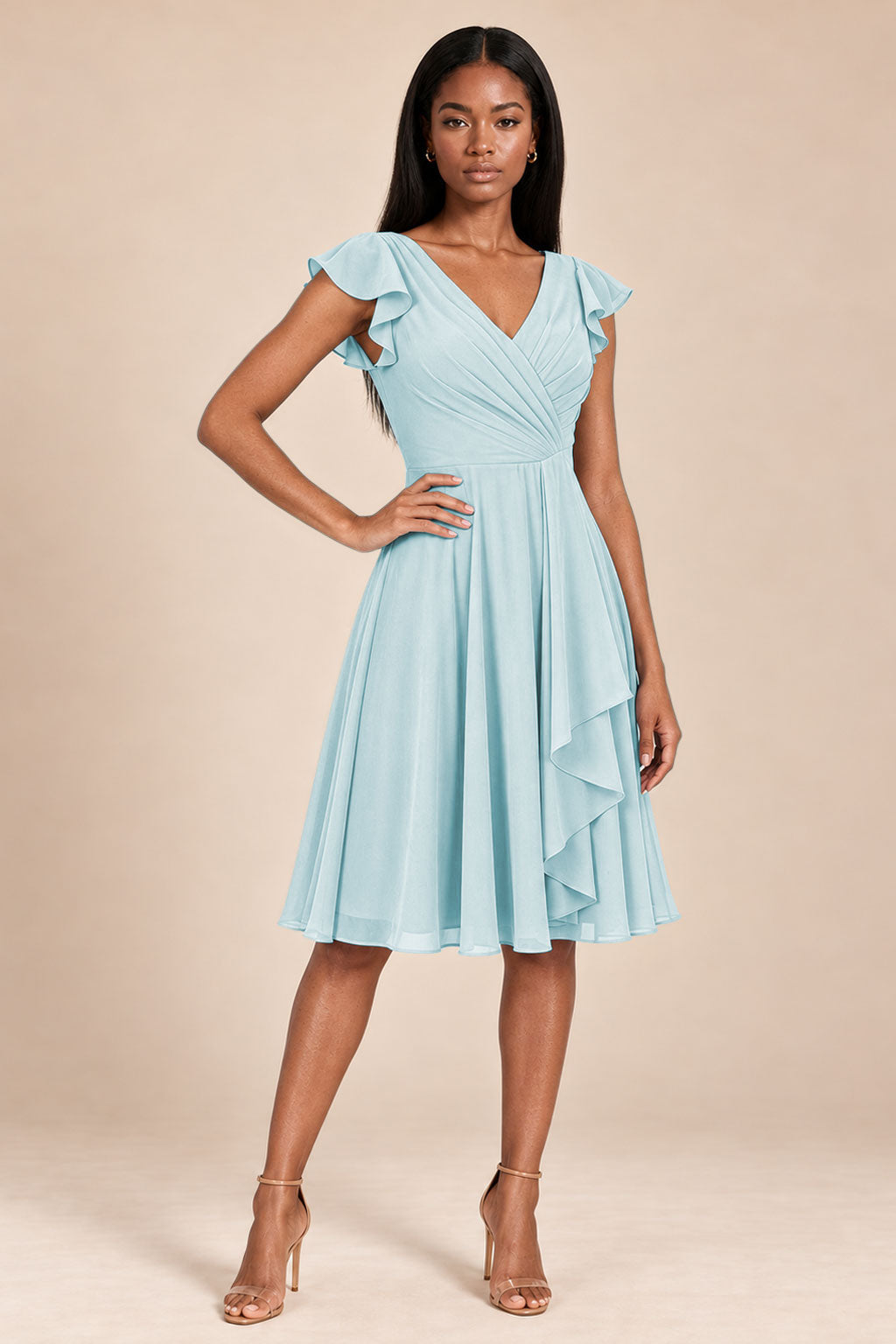 ice blue ruffles flutter sleeve chiffon short bridesmaid dress, front view