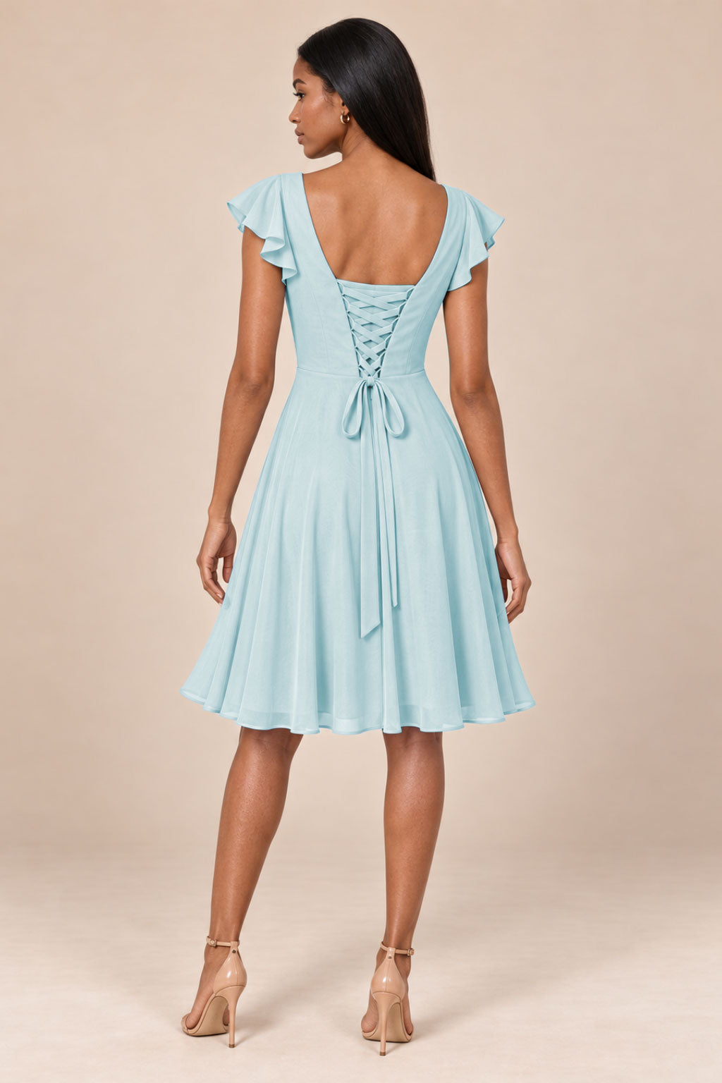 ice blue ruffles flutter sleeve chiffon short bridesmaid dress, back view