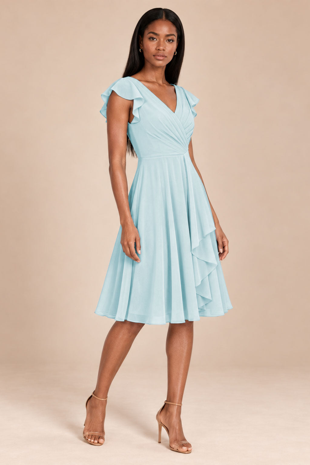 ice blue ruffles flutter sleeve chiffon short bridesmaid dress, three-quarter view